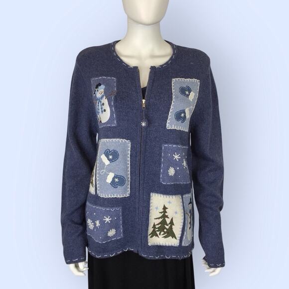 Croft & Barrow Blue Cardigan Patchwork Sweater Snowman & Christmas Trees - Picture 1 of 11
